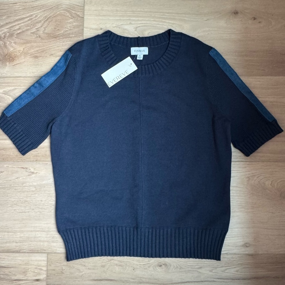 Evereve Women’s Navy Denim Harlow Short Sleeve Pullover Sweater NWT XL Preppy!